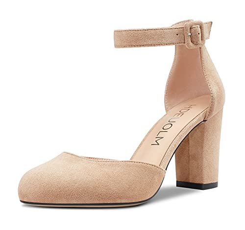 HDEUOLM Damen Pumps mit Mittelhohem Absatz Knöchelriemen Runder Zehe Klobiger Blockabsatz Grundlegende Schuhe in Übergröße 8CM Heel Braun Wildleder 39 EU von HDEUOLM
