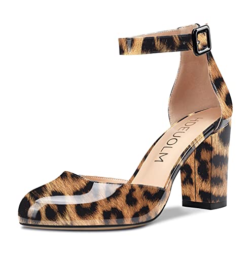 HDEUOLM Damen Pumps mit Mittelhohem Absatz Knöchelriemen Runder Zehe Klobiger Blockabsatz Grundlegende Schuhe in Übergröße 8CM Heel Mehrfarbig Leopard 43 EU von HDEUOLM