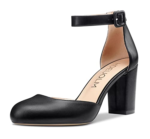 HDEUOLM Damen Pumps mit Mittelhohem Absatz Knöchelriemen Runder Zehe Klobiger Blockabsatz Grundlegende Schuhe in Übergröße 8CM Heel Schwarz Matt 36 EU von HDEUOLM