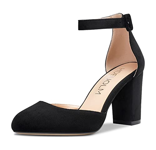 HDEUOLM Damen Pumps mit Mittelhohem Absatz Knöchelriemen Runder Zehe Klobiger Blockabsatz Grundlegende Schuhe in Übergröße 8CM Heel Schwarz Wildleder 41 EU von HDEUOLM