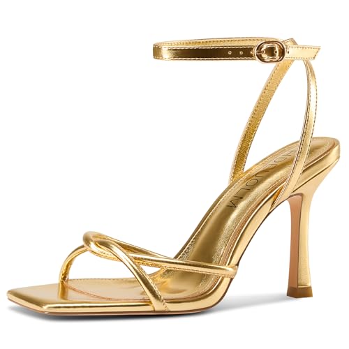 HDEUOLM Damen Riemchensandalen, Stiletto, hoher Absatz, quadratischer Zehenbereich, Knöchelriemen, Abschlussball, Partykleid, 9,9 cm, Gold, 38 EU von HDEUOLM