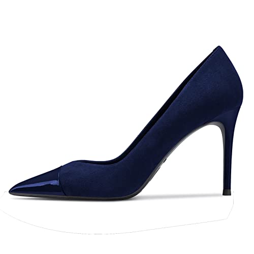 HDEUOLM Damen Stiletto Hoher High Absatz Heel Geschlossene Spitze Zehenkappe Pumps Slip-on Hochzeit Sexy Dress Schuhe Navy Blau 43 EU von HDEUOLM