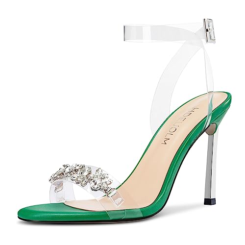 HDEUOLM Damen Stiletto Hoher High Absatz Heel Peep Open Zehenkappe Sandalen Knöchelriemen Diamant Kristall Party Clear Sommer 10 CM Heels Grün 39 EU von HDEUOLM