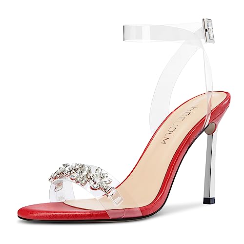 HDEUOLM Damen Stiletto Hoher High Absatz Heel Peep Open Zehenkappe Sandalen Knöchelriemen Diamant Kristall Party Clear Sommer 10 CM Heels Rot 38 EU von HDEUOLM
