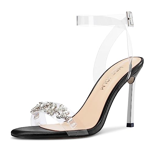 HDEUOLM Damen Stiletto Hoher High Absatz Heel Peep Open Zehenkappe Sandalen Knöchelriemen Diamant Kristall Party Clear Sommer 10 CM Heels Schwarz 38 EU von HDEUOLM