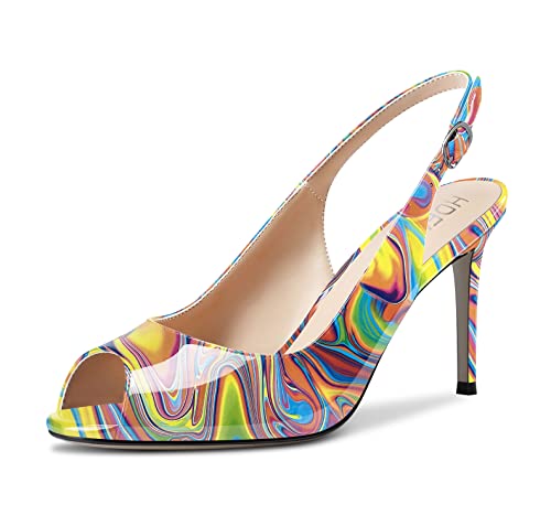 HDEUOLM Damen Stiletto Hoher High Absatz Heel Peep Open Zehenkappe Sandalen Knöchelriemen Slingback Schnalle Party Dress Schuhe Gelb Mehrfarbig B 39 EU von HDEUOLM