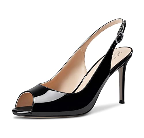 HDEUOLM Damen Stiletto Hoher High Absatz Heel Peep Open Zehenkappe Sandalen Knöchelriemen Slingback Schnalle Party Dress Schuhe Schwarz Lackleder 38 EU von HDEUOLM