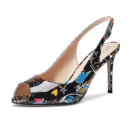 HDEUOLM Damen Stiletto Hoher High Absatz Heel Peep Open Zehenkappe Sandalen Knöchelriemen Slingback Schnalle Party Dress Schuhe Schwarz Mehrfarbig A 43 EU von HDEUOLM