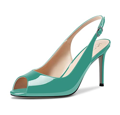 HDEUOLM Damen Stiletto Hoher High Absatz Heel Peep Open Zehenkappe Sandalen Knöchelriemen Slingback Schnalle Party Dress Schuhe Smaragd Grün Lackleder 38 EU von HDEUOLM
