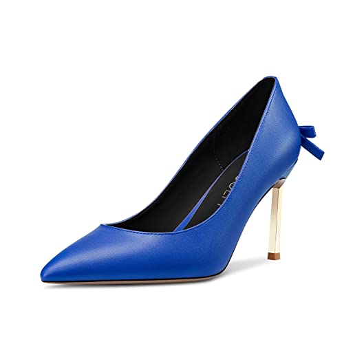 HDEUOLM Damen Stiletto Hoher High Absatz Heel Spitze Zehenkappe Pumps Slip-on Bogenknoten Hochzeit Büroschuhe Dress 8.5 cm Heels Blau 37 EU von HDEUOLM