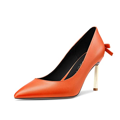 HDEUOLM Damen Stiletto Hoher High Absatz Heel Spitze Zehenkappe Pumps Slip-on Bogenknoten Hochzeit Büroschuhe Dress 8.5 cm Heels Orange 38 EU von HDEUOLM