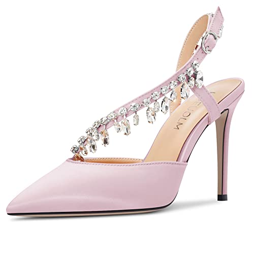 HDEUOLM Damen Stiletto Hoher High Absatz Heel Spitze Zehenkappe Sandalen Pumps Slingback Diamant Kristall Party Cute 10 cm Heels Pfirsichrosa 44 EU von HDEUOLM
