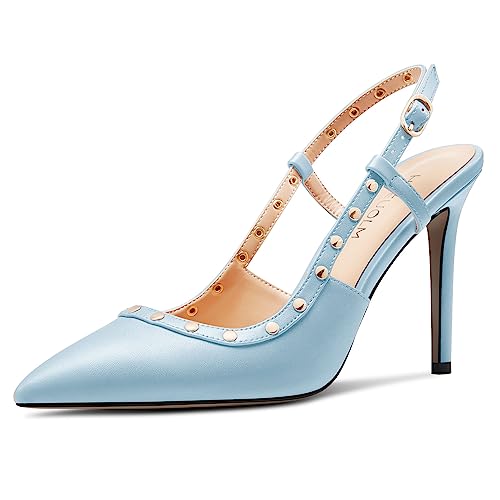 HDEUOLM Damen Stiletto Hoher High Absatz Heel Spitze Zehenkappe Sandalen Slingback Slip-on Pumps Schnalle Nieten Party Dress Sommer 10 cm Heels Pfauenblau 37 EU von HDEUOLM