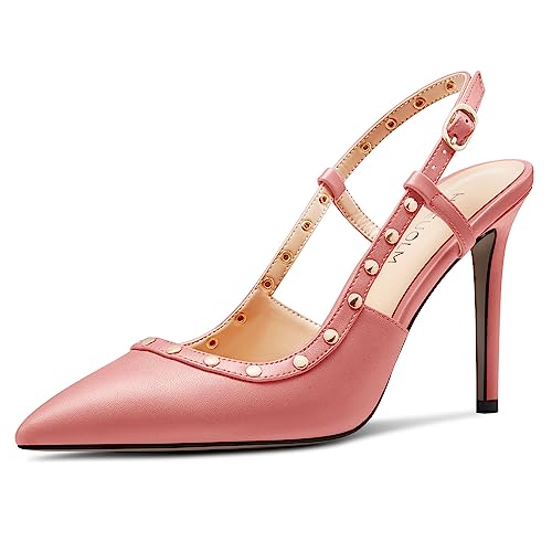 HDEUOLM Damen Stiletto Hoher High Absatz Heel Spitze Zehenkappe Sandalen Slingback Slip-on Pumps Schnalle Nieten Party Dress Sommer 10 cm Heels Pfirsichrosa 36 EU von HDEUOLM
