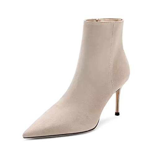 HDEUOLM Damen Stiletto Hoher High Absatz Heel Spitze Zehenkappe Stiefeletten Slip-on Reißverschluss Hochzeit Dress 8 CM Heels Beige 39 EU von HDEUOLM
