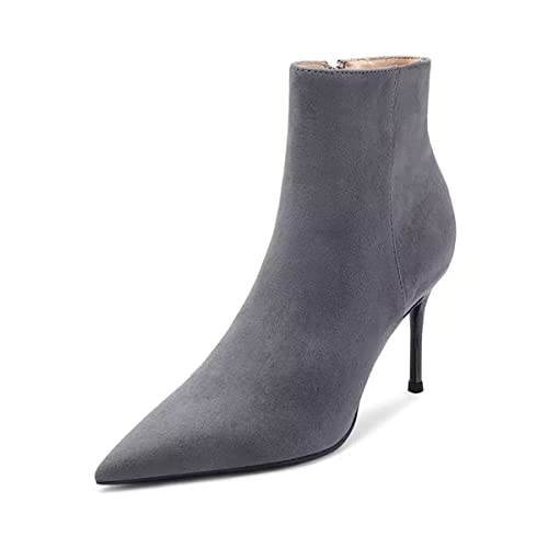 HDEUOLM Damen Stiletto Hoher High Absatz Heel Spitze Zehenkappe Stiefeletten Slip-on Reißverschluss Hochzeit Dress 8 CM Heels Grau 39 EU von HDEUOLM