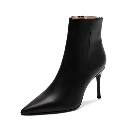 HDEUOLM Damen Stiletto Hoher High Absatz Heel Spitze Zehenkappe Stiefeletten Slip-on Reißverschluss Hochzeit Dress 8 CM Heels Schwarz 38 EU von HDEUOLM