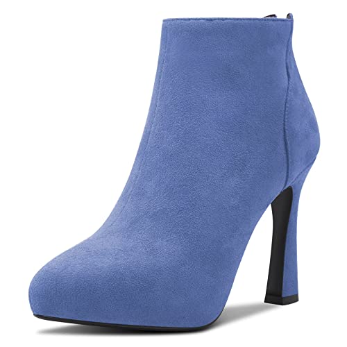 HDEUOLM Damen Stiletto Hoher High Plateau Plattform Absatz Heel Geschlossene Spitze Zehenkappe Stiefeletten Slip-on Reißverschluss Klassisch 10 CM Heels Schuhe Blau Wildleder 37 EU von HDEUOLM