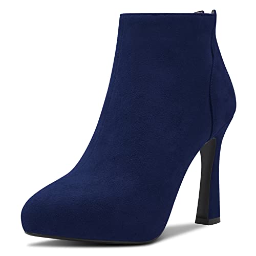 HDEUOLM Damen Stiletto Hoher High Plateau Plattform Absatz Heel Geschlossene Spitze Zehenkappe Stiefeletten Slip-on Reißverschluss Klassisch 10 CM Heels Schuhe Blau Wildleder C 37 EU von HDEUOLM