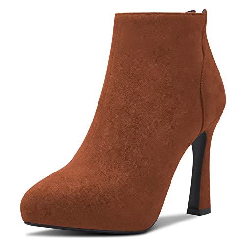 HDEUOLM Damen Stiletto Hoher High Plateau Plattform Absatz Heel Geschlossene Spitze Zehenkappe Stiefeletten Slip-on Reißverschluss Klassisch 10 CM Heels Schuhe Braun Wildleder 38 EU von HDEUOLM