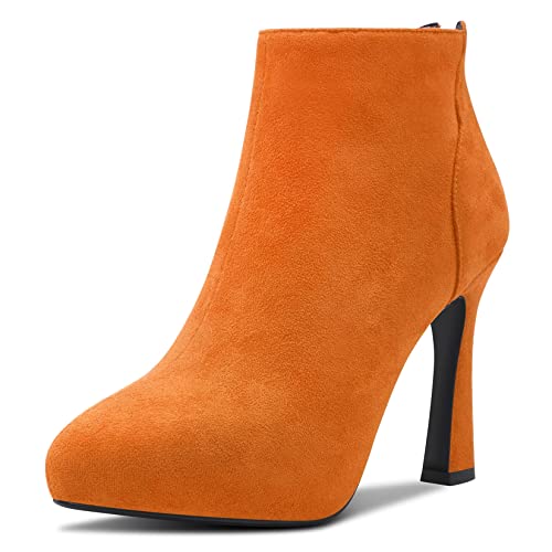 HDEUOLM Damen Stiletto Hoher High Plateau Plattform Absatz Heel Geschlossene Spitze Zehenkappe Stiefeletten Slip-on Reißverschluss Klassisch 10 CM Heels Schuhe Orange Wildleder 38 EU von HDEUOLM