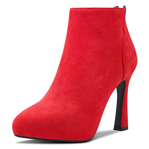 HDEUOLM Damen Stiletto Hoher High Plateau Plattform Absatz Heel Geschlossene Spitze Zehenkappe Stiefeletten Slip-on Reißverschluss Klassisch 10 CM Heels Schuhe Rot Wildleder A 43 EU von HDEUOLM