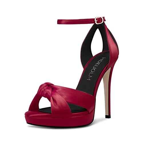 HDEUOLM Damen Stiletto Hoher High Plateau Plattform Absatz Heel Peep Open Zehenkappe Sandalen Knöchelriemen Hochzeit Cute 12 CM Heels Burgunderrot 43 EU von HDEUOLM
