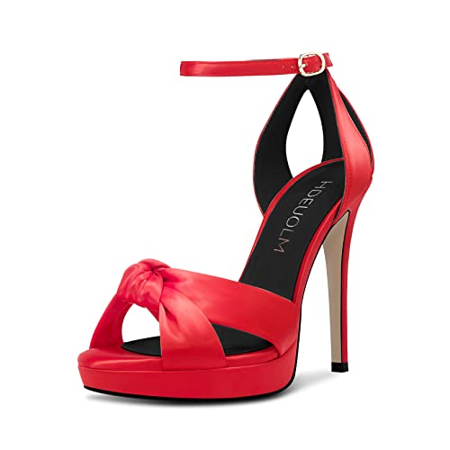 HDEUOLM Damen Stiletto Hoher High Plateau Plattform Absatz Heel Peep Open Zehenkappe Sandalen Knöchelriemen Hochzeit Cute 12 CM Heels Rot 38 EU von HDEUOLM