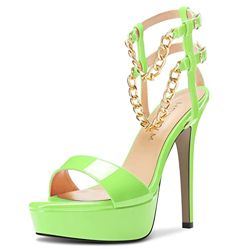 HDEUOLM Damen Stiletto Hoher High Plateau Plattform Absatz Heel Peep Open Zehenkappe Sandalen Knöchelriemen Metall Kette Party Dress 12 CM Heels Blassgrün 39 EU von HDEUOLM