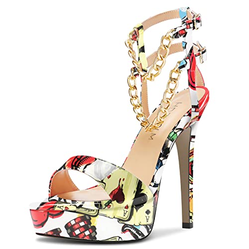 HDEUOLM Damen Stiletto Hoher High Plateau Plattform Absatz Heel Peep Open Zehenkappe Sandalen Knöchelriemen Metall Kette Party Dress 12 CM Heels Poker-Muster 39 EU von HDEUOLM