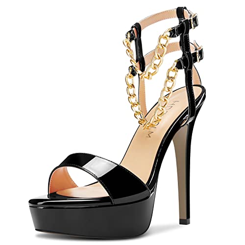 HDEUOLM Damen Stiletto Hoher High Plateau Plattform Absatz Heel Peep Open Zehenkappe Sandalen Knöchelriemen Metall Kette Party Dress 12 CM Heels Schwarz 38 EU von HDEUOLM