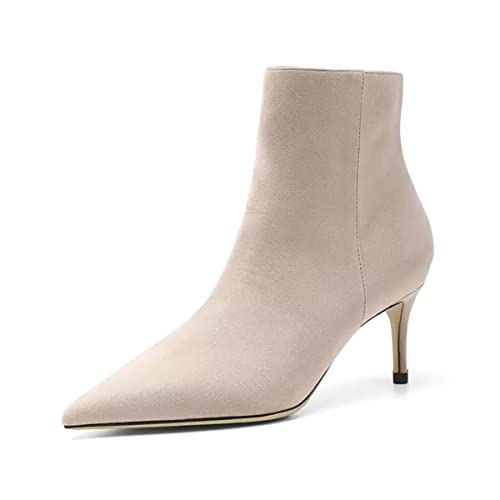 HDEUOLM Damen Stiletto Mittlerem Absatz Heel Spitze Zehenkappe Slip-on Reißverschluss Stiefeletten Hochzeit Dress 6 CM Heels Beige 40 EU von HDEUOLM