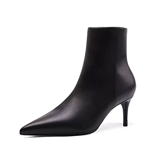 HDEUOLM Damen Stiletto Mittlerem Absatz Heel Spitze Zehenkappe Slip-on Reißverschluss Stiefeletten Hochzeit Dress 6 CM Heels Schwarz 42 EU von HDEUOLM