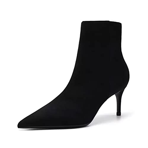 HDEUOLM Damen Stiletto Mittlerem Absatz Heel Spitze Zehenkappe Slip-on Reißverschluss Stiefeletten Hochzeit Dress 6 CM Heels Schwarz Wildleder 40 EU von HDEUOLM