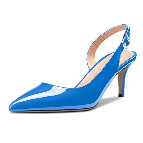 HDEUOLM Damen Stiletto Niedrige Kitten Absatz Heel Spitze Zehenkappe Slip-on Slingback Pumps Cute Dress Klassisch 6.5 cm Heels Blau Lackleder 40 EU von HDEUOLM