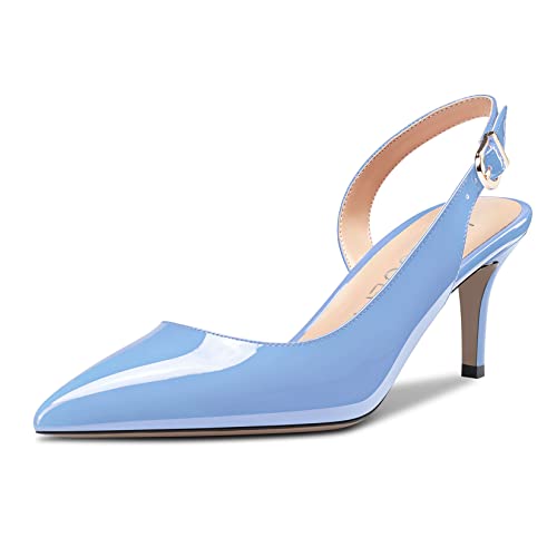 HDEUOLM Damen Stiletto Niedrige Kitten Absatz Heel Spitze Zehenkappe Slip-on Slingback Pumps Cute Dress Klassisch 6.5 cm Heels Hellblau 39 EU von HDEUOLM