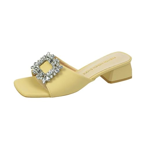 HDFDB Damen Leder Quadratisch Strass Blockabsatz Pantoletten Sandalen Mode Quadratisch Offene Zehe Niedriger Blockabsatz Slides Sandalen für Party Hochzeit Kleid Schuhe, gelb, 35 EU von HDFDB