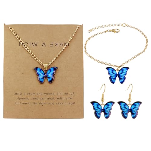 HDGSAFD 1 Königsblaue Schmetterlingshalskette, 1 Armband Und 1 Paar Ohrringe, Verstellbare Schlüsselbeinkette, Sommerromantisches Armband, Passende Accessoires Für Urlaubskleidung. von HDGSAFD