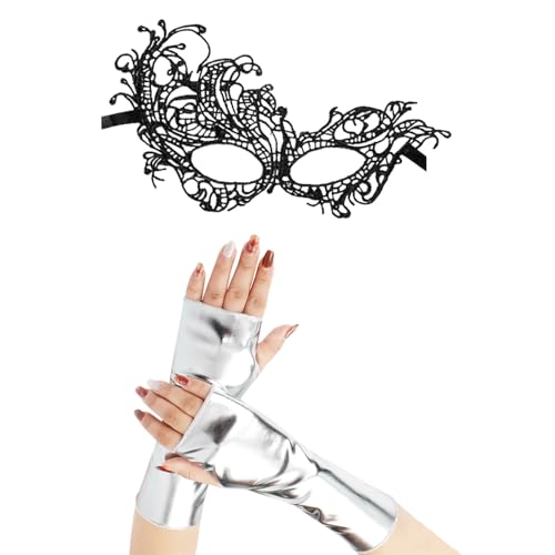 HDGSAFD 1 Paar Fingerlose Handschuhe Und 1 Spitzenmaske, Pu-Erhandschuhe, Accessoires Im Punk-Stil, Cosplay-Zubehör von HDGSAFD