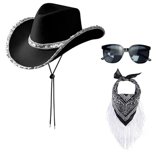 HDGSAFD 1 Schwarzer Cowboyhut, 1 Einstecktuch Mit Fransen Und 1 Sonnenbrille, Cosplay-Accessoires, Modische Retro-Anziehaccessoires, Damenaccessoires von HDGSAFD