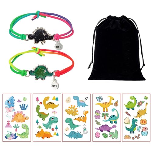 HDGSAFD 2 Stück Dinosaurier-Armbänder Mit Farbwechsel Und 5 Stück Dinosaurier-Aufkleber, Mit 1 Stück Schmuckbeutel, Kreatives Kinderarmband, Freundschaftsarmband von HDGSAFD