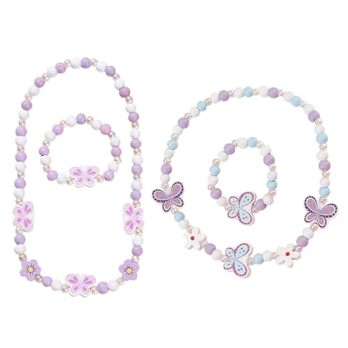 HDGSAFD 2 Stück Halsketten Für Mädchen Und 2 Stück Armbänder Für Mädchen, Perlenschmuck, Schmetterlingselementschmuck, Süßer Kinderschmuck von HDGSAFD