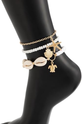 HDGSAFD 3 Stück Perlenmuschel-Fußkettchen, 1 Stück Muschel-Anhänger-Halskette, Strandparty-Knöchel-Kette, Mode-Perlen-Schlüsselbein-Kette, Mode-Mädchen-Schmuck. von HDGSAFD