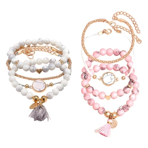 HDGSAFD 8 Stück Perlenarmbänder, Glasperlen Gestapelte Armbänder, Personalisierte Modeaccessoires, Frauen Tragen Passende Stücke (Weiß, Pink). von HDGSAFD