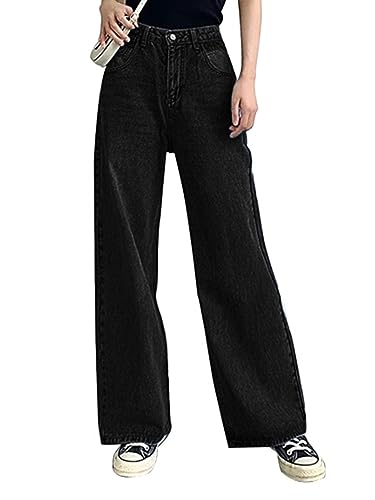 Frauen Loose Boyfriends Jeans High Waist Baggy Denim Pants Wide Leg Straight Pants Vintage Streetwear, Schwarz (1008), Klein von HDLTE