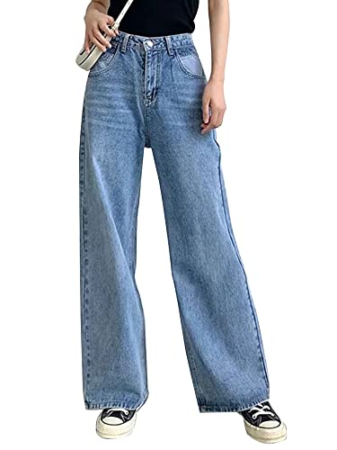 Frauen Lose Boyfriends Jeans Hohe Taille Baggy Denim Hosen Weites Bein Gerade Hosen Y2k Vintage Streetwear - Blau - Mittel von HDLTE