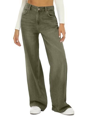 HDLTE Damen-Jeans mit weitem Bein, hohe Taille, Baggy-Jeans, lockere Boyfriends-Jeans, Denim-Hose, Y2K-Stil, Grün , M von HDLTE