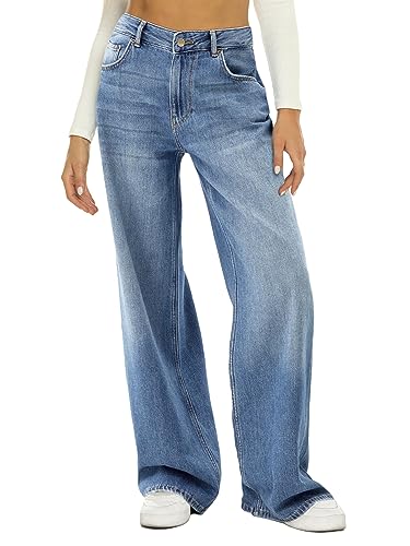 HDLTE Damen-Jeans mit weitem Bein, hohe Taille, Baggy-Jeans, lockere Boyfriend-Jeans, Denim-Hose, Y2K, Indigo Medium Blue, 38 EU von HDLTE