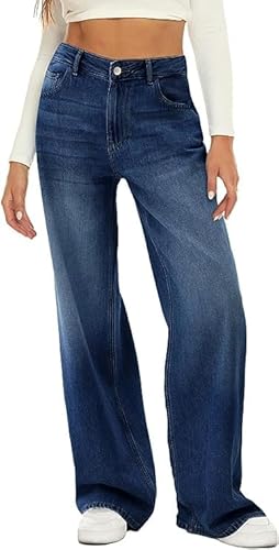 HDLTE Damen-Jeans mit weitem Bein, hohe Taille, Baggy-Jeans, lockere Boyfriends-Jeans, Denim-Hose, Y2K-Stil, Dunkle Waschung, 42 von HDLTE