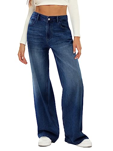 HDLTE Damen-Jeans mit weitem Bein, hohe Taille, Baggy-Jeans, lockere Boyfriends-Jeans, Denim-Hose, Y2K-Stil, Dunkle Waschung, 44 von HDLTE